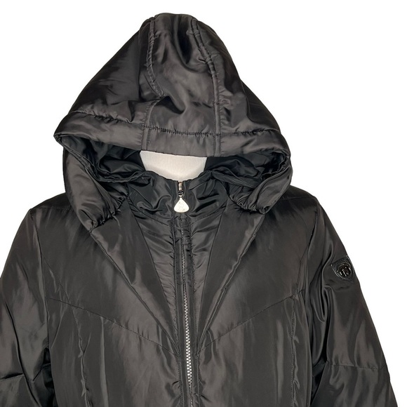 Happy Goat Black Long Down Puffer Coat Size M High Collar Hood Water Resistant - Picture 7 of 15